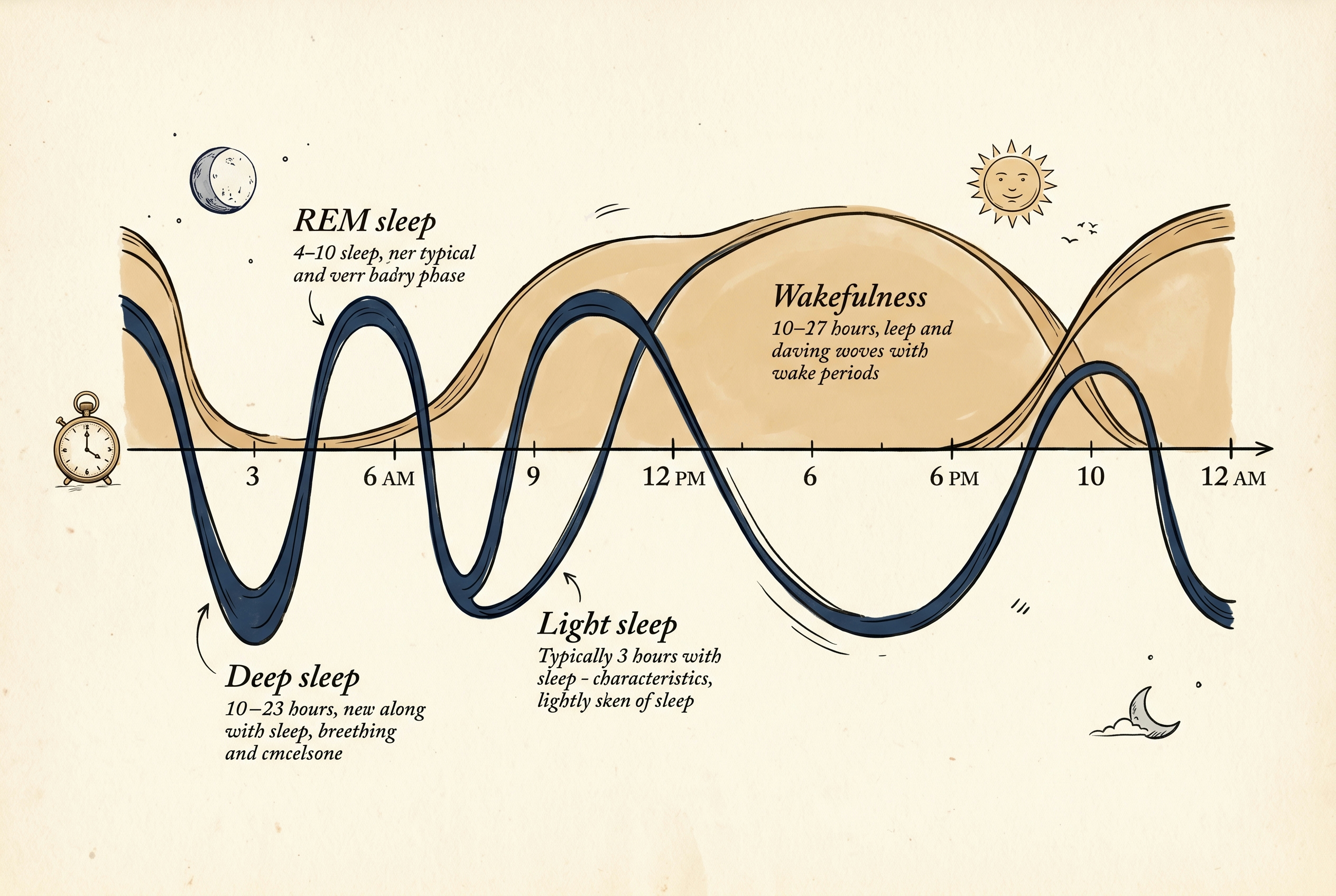 Infant sleep architecture chart showing actigraphy traces across four cohorts at 4, 8, and 12 month regressions